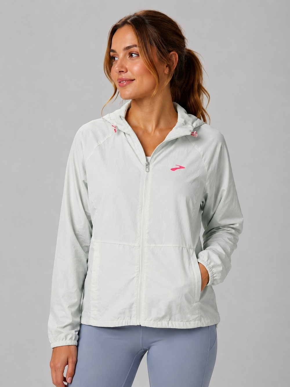 Brooks Lightweight Hooded Windbreaker Jacket - Pale Mint Pink Packable Sz M Nwt